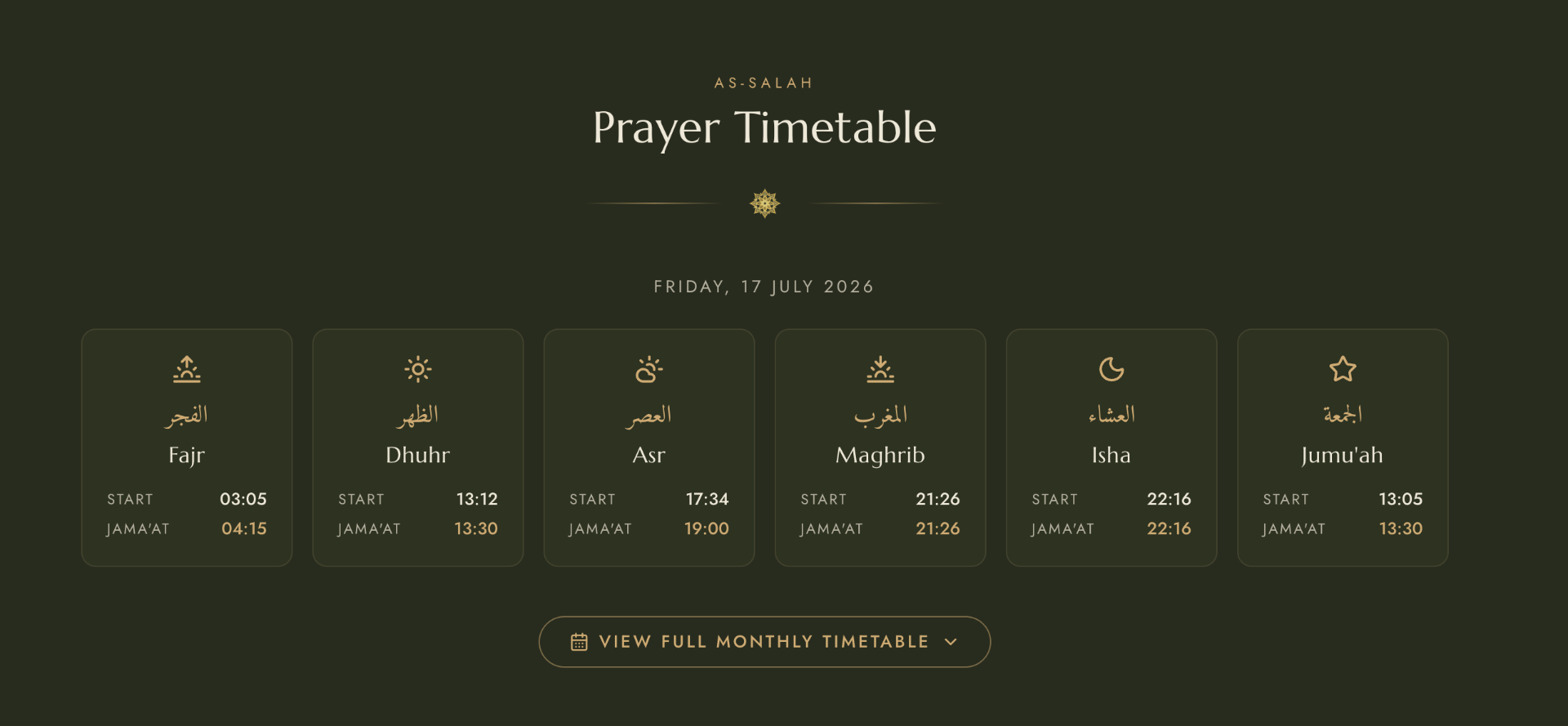 Daily prayer timetable