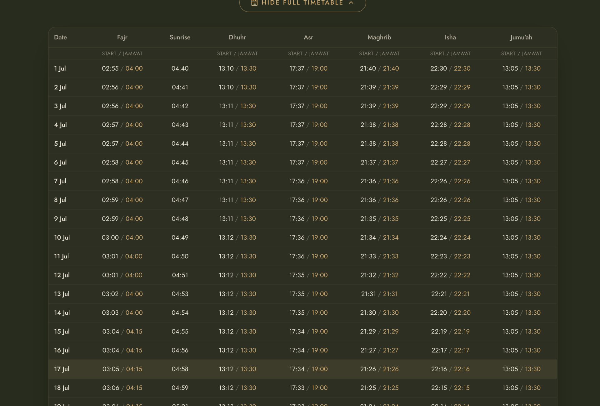 Full monthly timetable