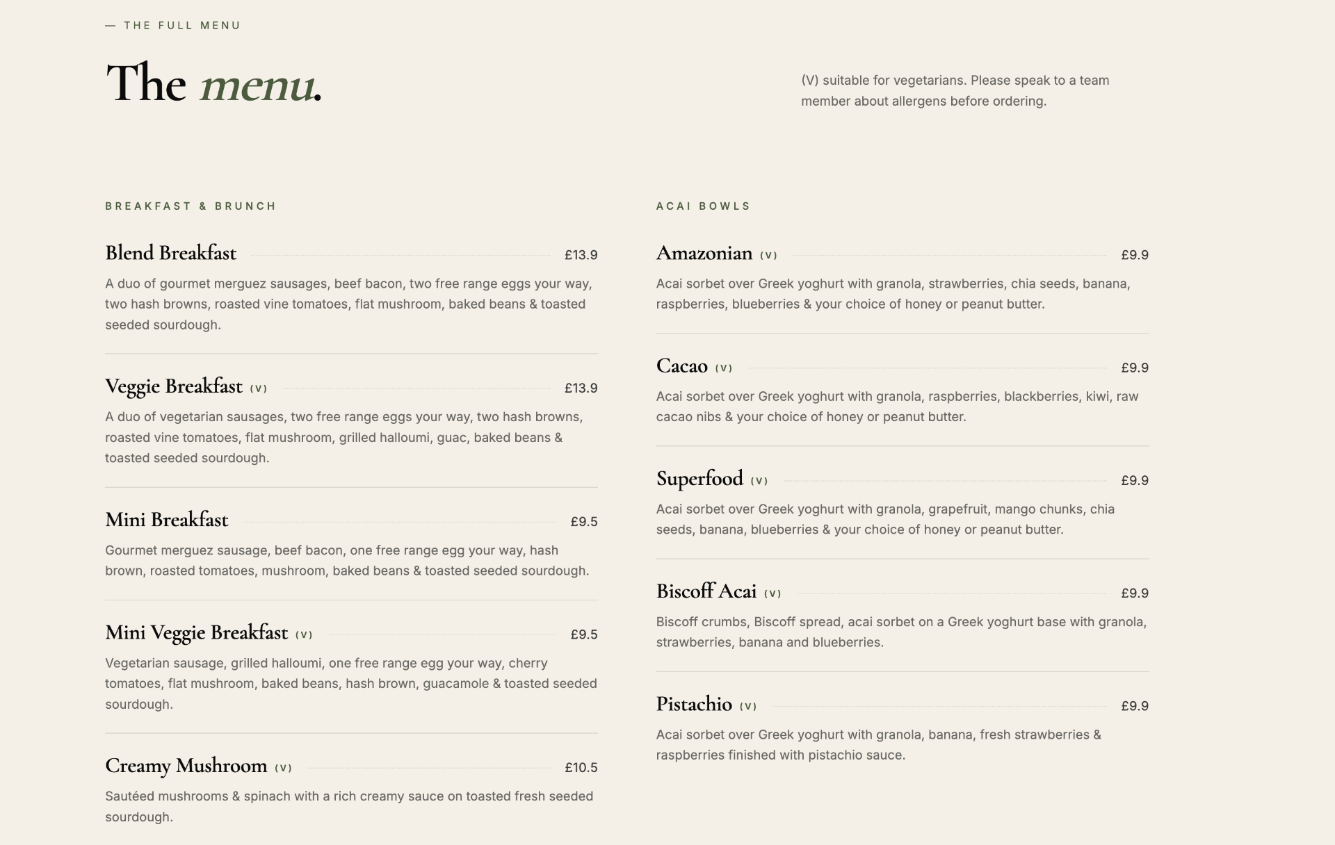 Full menu