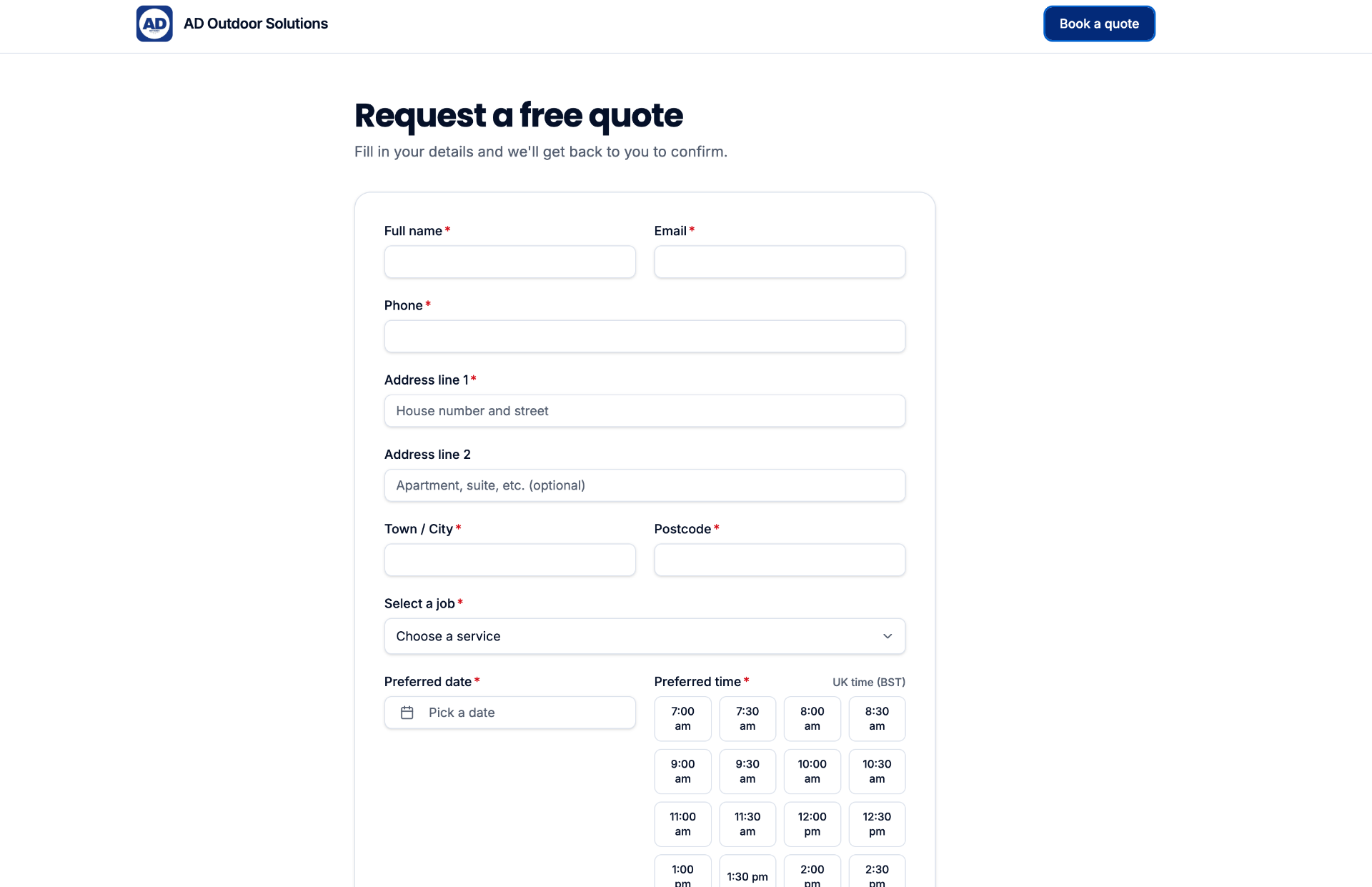 Customer quote request form